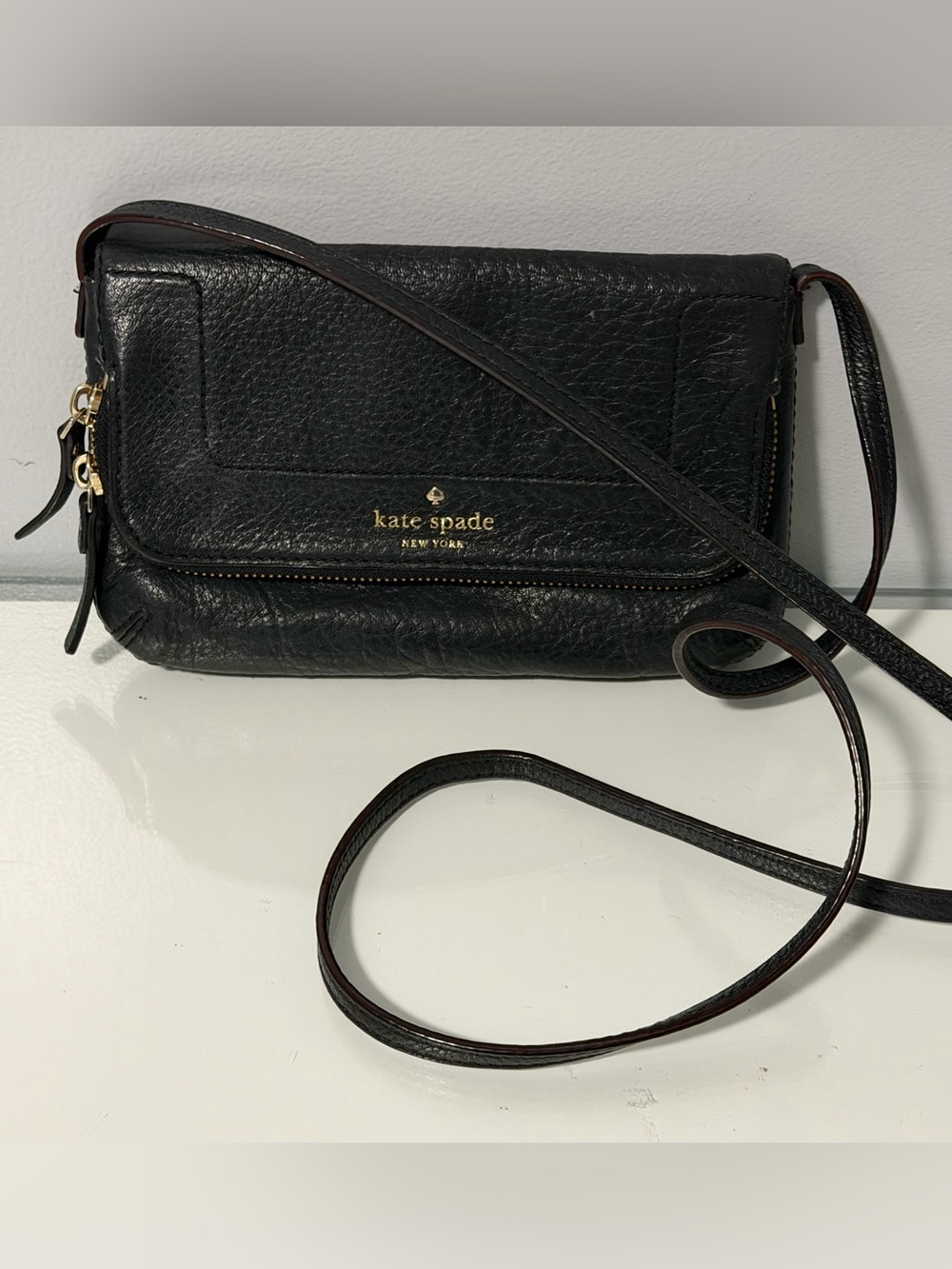 kate spade Black Pebbled Leather Crossbody with Gold Logo